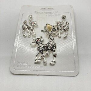 New Renaissance Collection‎ Pendant Pierced Earrings Deer Reindeer Red Crystals